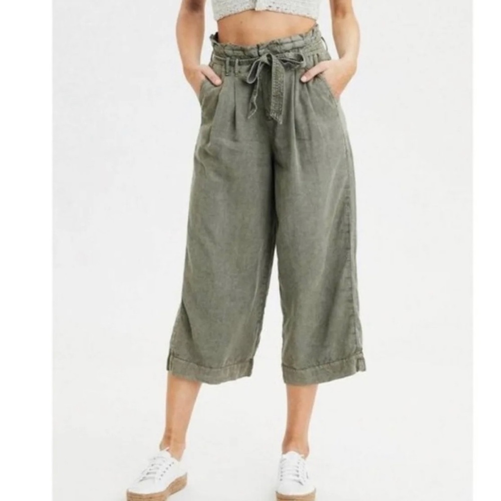 NWOT American Eagle Olive Green Lyocell Paperbag Waist Wide Leg Pants